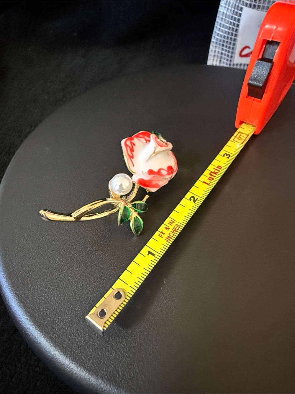 Gold-Tone Rose Brooch with Red & White Enamel and Green Leaves
